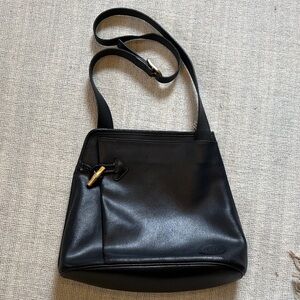 Longchamp Black Leather Shoulder Bag with gold Bamboo toggle